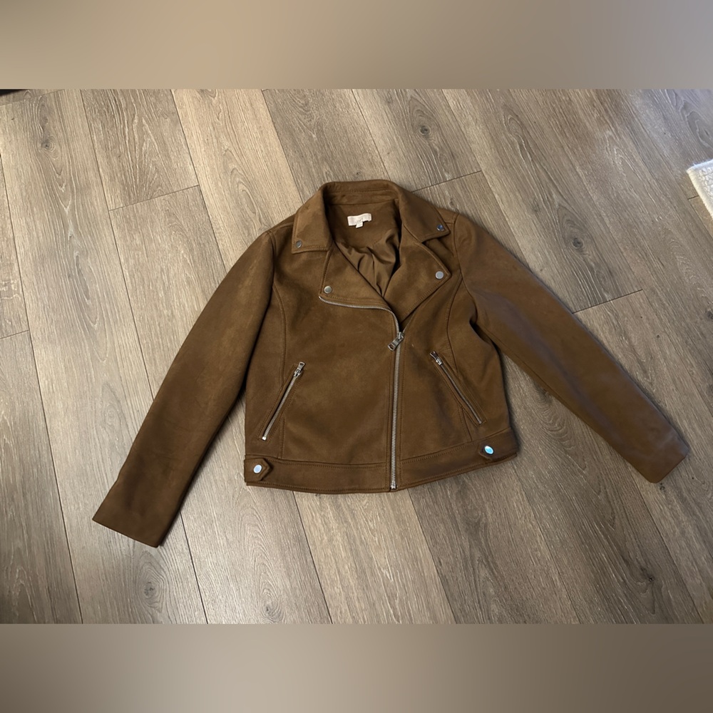 LOFT Chocolate Brown  faux suede women’s small Jacket moto asymmetrical